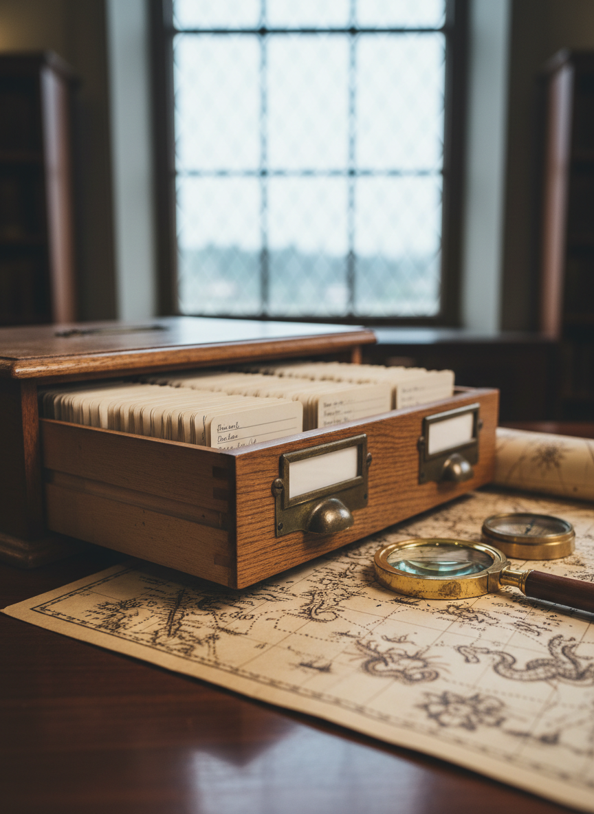 An antique wooden card catalog drawer pulled open on a smooth, dark library table, filled with neatly arranged index cards whose tiny printed lines remain unreadable. Resting beside it lies a magnifying glass, a small compass, and a meticulously detailed reproduction of an old nautical map with coastlines, trade routes, and sea monsters rendered in rich sepia tones. Cool, diffused overcast light enters from a high window, illuminating the grain of the wood and the delicate fibers of the paper. Photographic realism, shot from a low, close-up angle along the plane of the drawer, with sharp focus on the front row of cards and a gentle blur toward the background, creating a contemplative, exploratory atmosphere of geography and archival discovery.