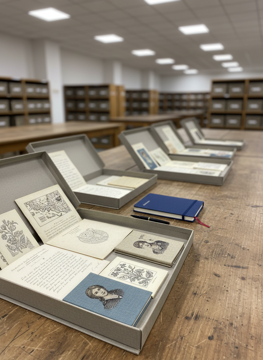 A wide wooden table in a quiet archive room, where several open document boxes reveal carefully preserved facsimiles of letters, pamphlets, and small illustrated booklets representing voices traditionally absent from mainstream history. Between them lies a cloth-bound notebook, closed, with a simple bookmark ribbon peeking out, suggesting ongoing, critical note-taking. Overhead, soft, neutral archival lighting creates even illumination with minimal shadows, emphasizing the textures of paper, cardboard, and linen covers. Photographic realism at eye level with a slight diagonal composition, showing receding rows of boxes fading into a gentle blur. The atmosphere is serious yet inviting, evoking methodical research into feminist perspectives, geography, and art history without relying on stereotypes or showing any human figures.