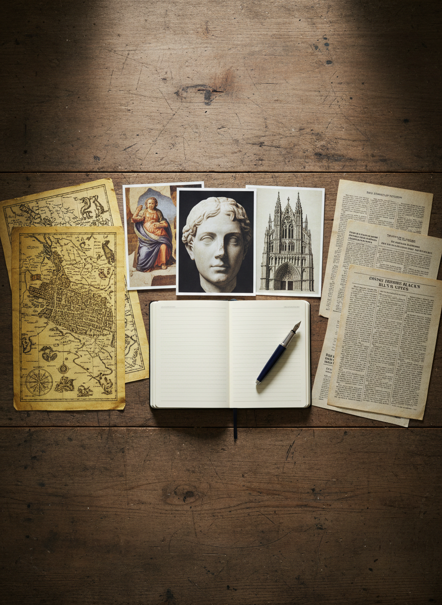 An overhead shot of a large, timeworn wooden table divided into three distinct zones: on one side, detailed reproductions of historical maps with coastlines, trade routes, and city plans; in the center, high-resolution prints of paintings, sculptures, and architectural details; on the other side, pages of typed notes and printed articles about everyday life, marginalized communities, and overlooked events, all with text too small to read. A neutral-toned notebook lies open with an uncapped pen resting diagonally across it. Soft, diffuse daylight from above creates even illumination and subtle shadows around each object. Photographic realism, with sharp focus across the whole frame, giving a calm, methodical mood that symbolizes the intersection of history, geography, and art in an analytical blog context.
