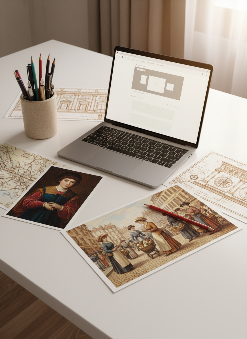 A minimalist modern workspace with a slim laptop open to an indistinct blogging interface, surrounded by scattered printed reproductions of historical paintings, architectural sketches, and map details, each rendered with rich color but with no visible text. A small ceramic cup holds fountain pens and colored pencils, one pencil resting across a print that highlights a detailed city street scene from a feminist, everyday-life viewpoint. Soft morning sunlight falls across the white desk from the right, creating gentle reflections on the laptop’s metallic surface. Photographic realism from a slightly elevated three-quarter angle, with balanced composition and mid-depth focus, conveying the blend of digital retro-blogging, rigorous research, and personal “movidas” in a calm, professional atmosphere.