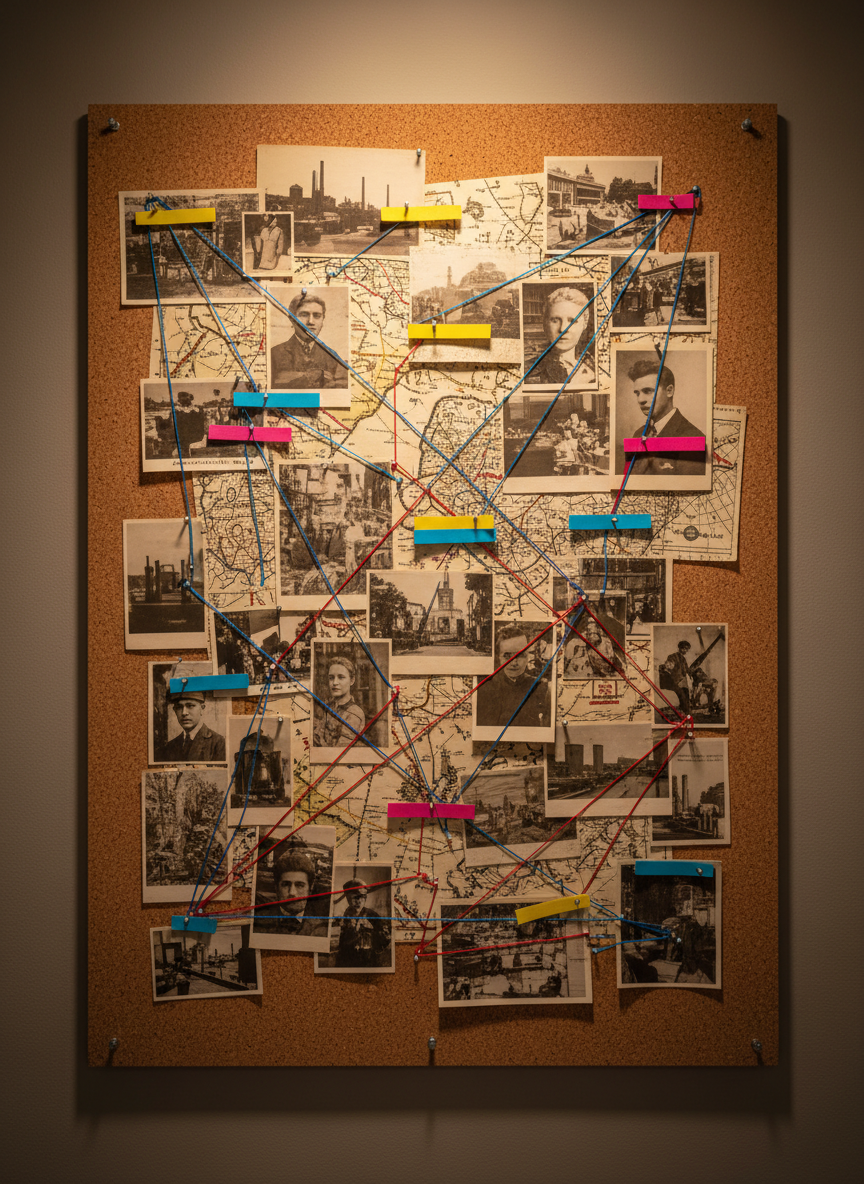 A large corkboard mounted on a neutral wall, densely covered with pinned reproductions of historical photographs, fragments of maps, and colorful sticky tabs, all carefully arranged into overlapping clusters like an investigation of the past. Thin red and blue threads connect different images and documents, suggesting relationships between events, places, and marginalized voices, while avoiding any legible text. Warm overhead lamp light creates a soft golden glow, with subtle vignetting at the corners of the frame. Captured straight-on at eye level in photographic realism, the composition is balanced yet slightly asymmetric, evoking a sense of history as an unfinished puzzle under active, critical construction.